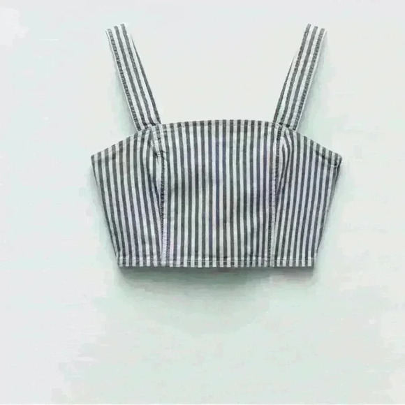 Zara Stripped Denim Crop Top Blue Navy White Square Neckline Side Zipper Size  S - Picture 4 of 10